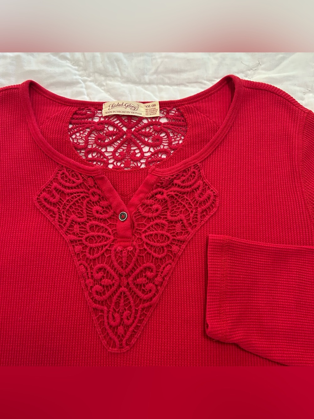 VTG Y2K Faded Glory Thermal Henley Top Shirt Crochet Trim Womens XXL Pink Spring